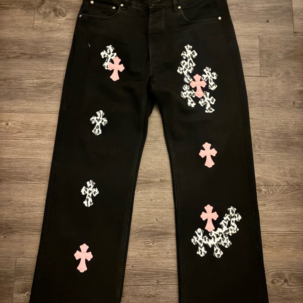 Chrome Hearts Black Jeans with Pink and White Cross Designs